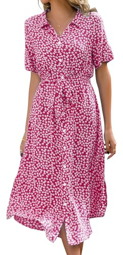 Livonmone Sommerkleid Damen Kurzarm Casual V-Ausschnitt Blumendruck Kleider Strandkleider Sexy Schlitz Midikleid Cocktailkleid Partykleid mit Gürtel (Rose Rot, XL)