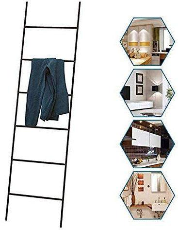 fikujap Échelle pour Serviettes,Porte Serviette sur Pied, INOX à Poser Echelle Salle Bain avec 6 Niveaux d'étendage sur différentes hauteurs,Noir