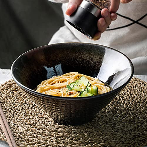 Cutfouwe Large Ceramic Japanese Style Ramen Noodle Soup Bowl, 50.7 Ounce Japanese-Style Kitchenware, Large Ridged Ceramic Bowl for Udon Soba Pho Asian Noodles,Black