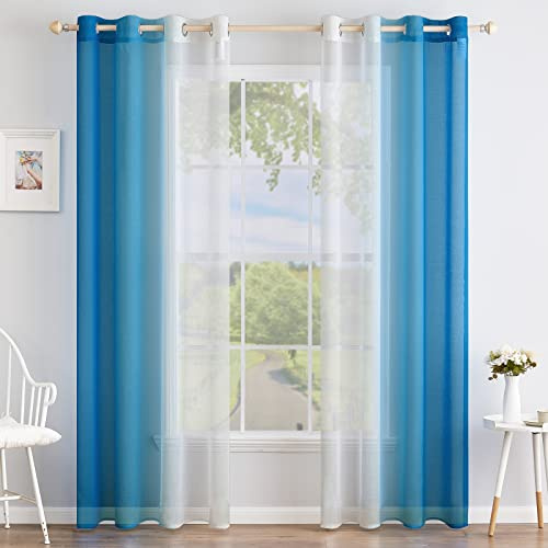 MIULEE Dunkelblau Zweifarbig Voile Gardinen mit Ösen 140x225cm 2er Set | Zweifarbiger transparenter Voile Stoff mit sanfter Lichtdurchlässigkeit, Ösenaufhängung, passend für Schlafzimmer