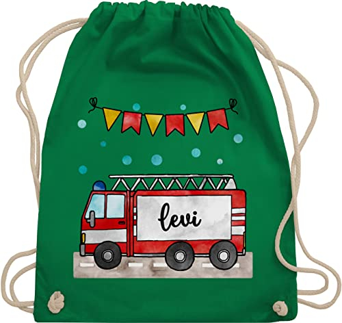 Turnbeutel Rucksack - Feuerwehrauto Motiv I Geschenk Feuerwehr I Löschzug I Leiterwagen Feuerwehr - Unisize - Grün - tasche für kita wechselsachen beutel fire fighter name stoffrucksack