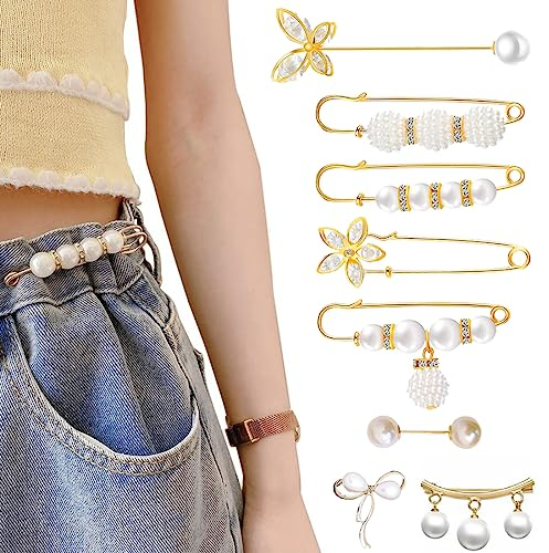 PLABBDPL 8 Pièces Pinces pour Châle, Broche en Perle Artificielle,Mode Broche de Perle Simulée pour la Fixation de Pull, Châles et Robes, Épingles de Sûreté pour Femmes Filles Vêtements Décoration