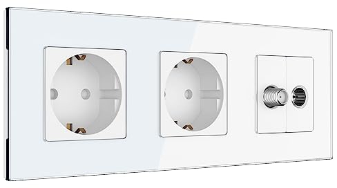 PULSAR Sat/Kabel TV-Dose mit 2 Steckdosen 3-Fach Glas Weiß, Steckdose x2 mit Kabel Anschlussdose und SAT UP Dose/Antennendose, TV SAT/Kabel/Steckdose x2 Kombination