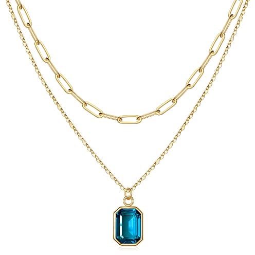 TINGN Geburtsstein Kette Damen Gold, Blautopas Kette Geburtsstein Kette Damen Gold Blau Kette Geburtsstein Halskette November Geburtsstein Schmuck Mehrschichtige Goldkette Damen Mädchen Geschenke