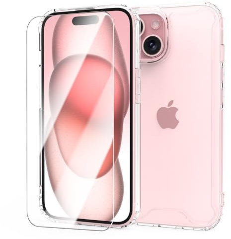 MOONESS Coque pour iPhone 15 6.1 avec Verre Trempé,Silicone TPU Compatible iPhone 15 6.1,Étui de Protection Antichoc Arrière en PC Dur Housse Case Cover - Transparent