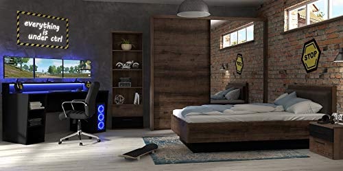 Jugendzimmer Gaming Zimmer Tezaur Jacky 5teilig mit großem Gaming Tisch, Bett, Schwebetürenschrank, Standregal