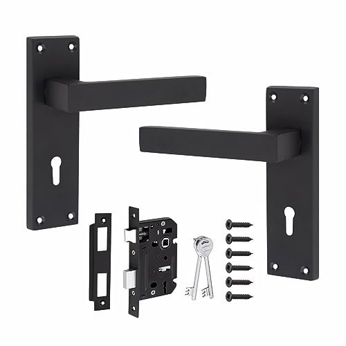 Golden Grace Victorian Straight Delta Door Handles Lever Lock in Matt Black with 64mm 3 Lever Lock Set - 150mm x 40mm Backplate