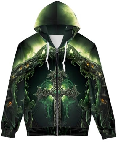GLUDEAR Unisex Realistischer 3D-Digitaldruck Full Zip Hoodie Jacken Kapuzen-Sweatshirt, Grüne Beleuchtung Kreuz, X-Small