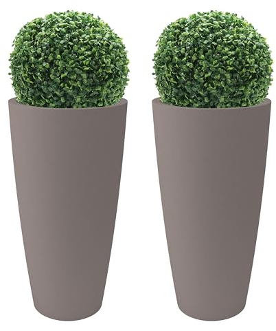 Nicoli Style Vase haut, 36 x 70 cm, intérieur, extérieur, soucoupe amovible, avec 2 buis artistiques inclus (2 pièces, 36 x 70 cm, avec 2 buis artisanaux, taupe)