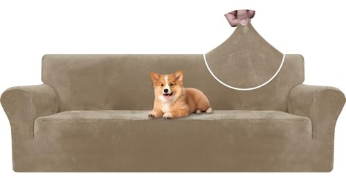 CYCMACO Samt Sofa Überzug 4 Sitzer, Sofabezug Elastische, Couch Überzug Haustier Katze Hunde, Universal Sofa Cover Moderne, Sofahusse Mit Armlehnen, Sofaschoner rutschfest, Kamel