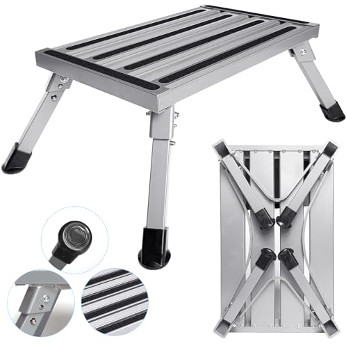 Memows Gradino Pieghevole in alluminio, Sgabello pieghevole con superficie in gomma antiscivolo per camper, roulotte - Piattaforma di lavoro pieghevole, Carico Max 150 kg/330lb, 48x 30x 22cm