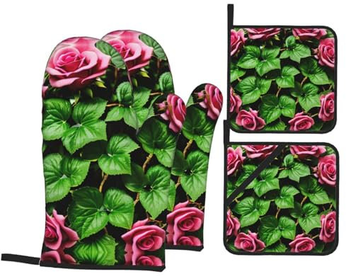 idubi Juego de guantes de horno y soportes para ollas, hiedra rosa floral con hojas, perfecto para ayuda de cocina y San Valentín, juego de guantes de cocina duraderos