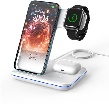 Minthouz 3 in 1 Wireless Charger with 18W Adapter, Fast Charging Station for Multiple Devices Apple Watch S8/7, AirPods 3/Pro, Charger Stand Compatible with iPhone 15/14/13/12/11/X/8-White