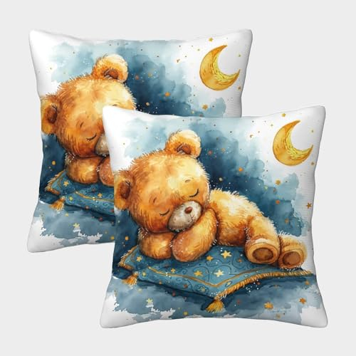 SorEci Teddybär Kissenbezüge 2er Set Mondschlaf Saisonnal Zierkissenbezug Quadratische Überwurfkissenhülle Mit Reißverschluß Couch Wohnzimmer Deko 45x45cm