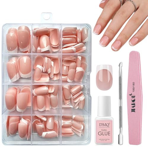 DMQ French Tip Press On Nails, 240Pcs Square French False Nails Short, Nude Color Stick on Nails with Glue, Full Cover Glue on Nail Tips for Women Girls Nail Art Decorations