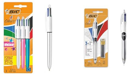 BIC 4 Couleurs Shine Stylos-Bille Rétractables Pointe Moyenne (1,0 mm) & 4 Couleurs 3+1 HB Stylo-Bille Rétractable et Porte-Mines, Parfait pour l'Ecole et au Bureau, Blister de 1