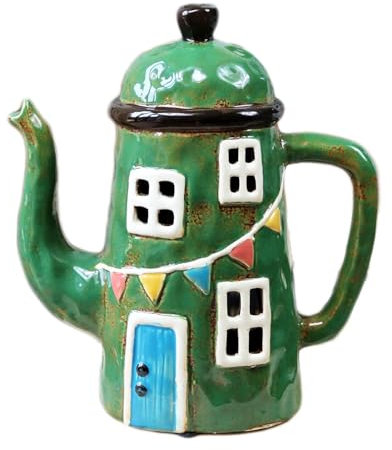 Teapot House Candle Holder 20cm Green Ceramic Hand Painted Tea Light Lantern Large