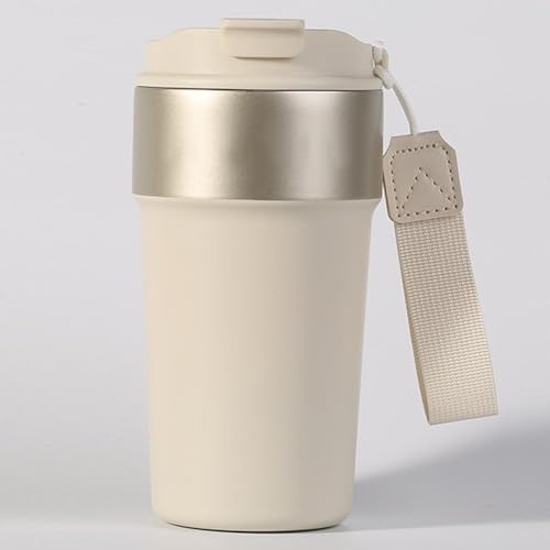 Longiang Thermobecher 500ml, Auslaufsicher Edelstahl Kaffeebecher to go mit 2-in-1-Deckel und Strohhalm, Doppelwandige Kaffee to go Becher für Heiße und Kalte Getränke (Cremeweiß)