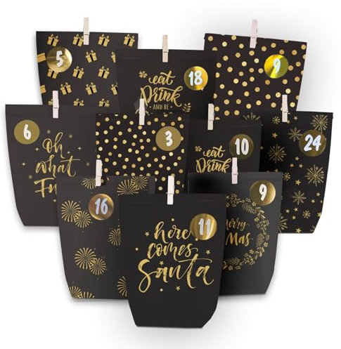Adventskalender Tüten zum Befüllen, Weihnachtskalender Papiertüten zum Selber Basteln, DIY Advents Kraftpapiertüten Selbstbefüllen zum selbst füllen,Schwarzgold motiv, 24 Bedruckte Geschenktüten