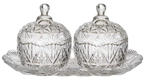 Home Deco Factory, KA0271, Duo di Scatole per Caramelle in Vetro su Vassoio, Design Elegante e Versatile, Ideale per Dolcetti o Decorazioni, Resistente e Pratico, 145Cl, Trasparente
