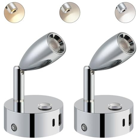 ERWEY 2 Stück LED 12V Leselampe Wohnmobil Touch Dimmbar 3000K-6000K einstellbare Helligkeit, Bettelampe mit USB A+C Ladeanschluss Innenbeleuchtung für Boot Auto Camper, Silber