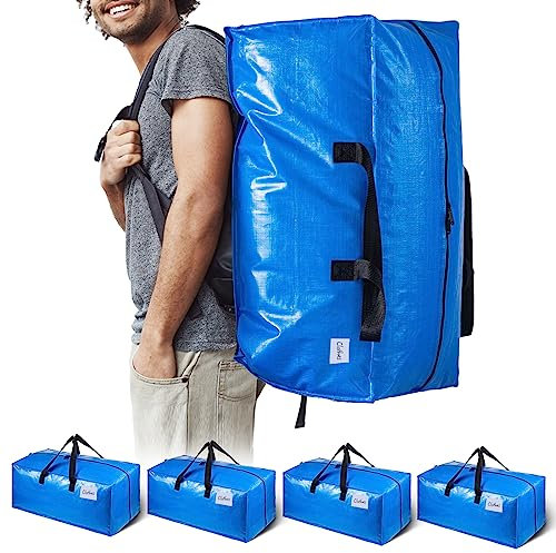 TAILI Blue Heavy Duty Moving Bags,Extra Large Clothing Storage Bags with Sturdy Zipper and Strong Handles,Clothes Storage Bins for Moving Supplies,Camping,Alternative to Boxes(4-Pack)