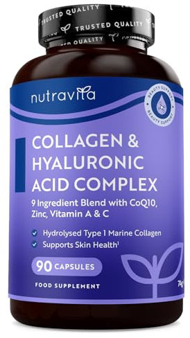 Collagene Marino con Acido Ialuronico + Magnesio + Vitamina C + D + B12 + A + Zinco + CoQ10-90 Integratori per 3 Mesi, Piel, Metabolismo, Inmunidad (EFSA) - Nutravita