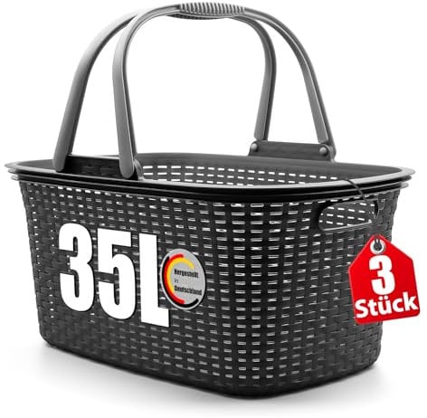 BigDean 3 Stück Wäschekorb mit Henkel 35L Rattan Design – Wäschewanne Made in Germany