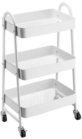 K AKTUAL Carrito Auxiliar con Ruedas, Carrito de Cocina con 3 Ganchos,Carro Organizador almacenaje, 44x32x80cm. Ideal para baño, Cocina, salón, Oficina y estetica. Color Blanco.