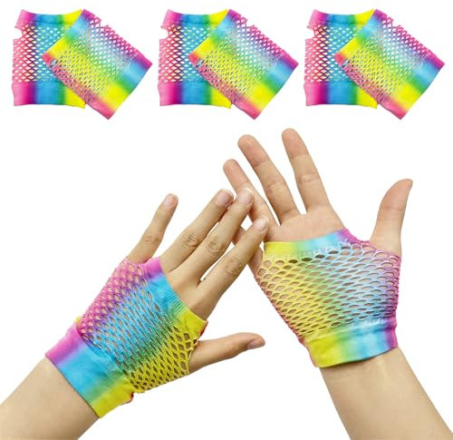 SAIIURV 3 Paar Bunte Fingerlose Handschuhe für Damen Mädchen, Gothic und Rock Stil Fischnetz Regenbogen Netzhandschuhe Neon Fingerlose Retro 80er Kostüme Accessoires für Party Karneval Cosplay