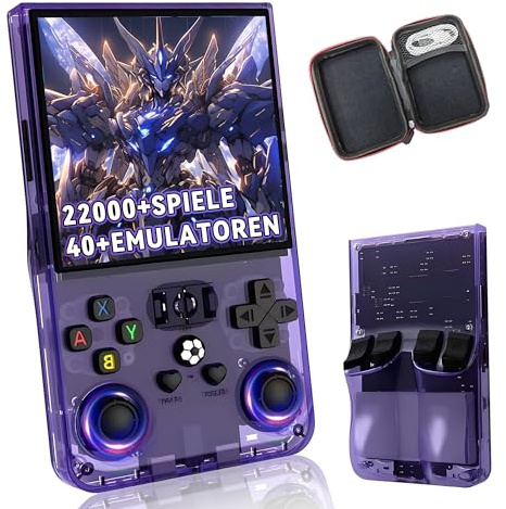 R36MAX Tragbare Handheld Emulator Konsole 128G, Retro Video Spielkonsole mit eingebauten 22000+ Retro Spiele 40+ Emulatoren, Linux System 4.0 Zoll IPS Bildschirm, 3D Joystick (Violett Durchscheinend)