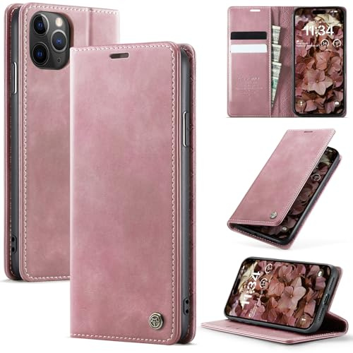owlhold iPhone 11 Pro Max hülle klapphülle Premium PU Leder, RFID Schutzhülle, Faltbare Ständer, Handytasche Lederhülle Kartenfach Standfunktion Handyhülle iPhone 11 Pro Max - Rosa