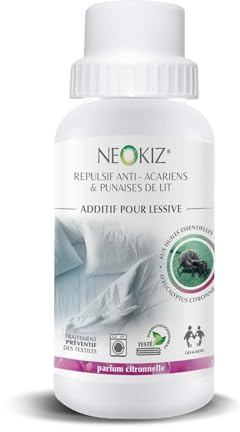Neokiz Lessive Anti-Acariens et Punaises de Lit pour Textile, 250 ml | Pour Machine, Formulation 100% d'Origine Végétale, À Base de Citriodiol et de Lavandin