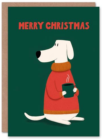 Artery8 Christmas Card White Dog With Red Sweater and Hot Chocolate