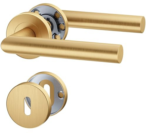 ERGO line NINA Gold Türbeschlag für Zimmertüren L-FORM, PVD-Gold matt, Rund-Rosette, Türgriff für Türen, Drückergarnitur, Türbeschlag, Türklinken Innentüren, Türdrücker