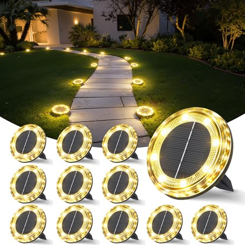 QIHANS 12 Stück Solar Bodenleuchten Aussen, 8 LED Gartenbeleuchtung Solar, IP65 Wasserdicht Solarleuchten Solarlampen für Garten Rasen Patio Gehweg Auffahrt, Warmweiß