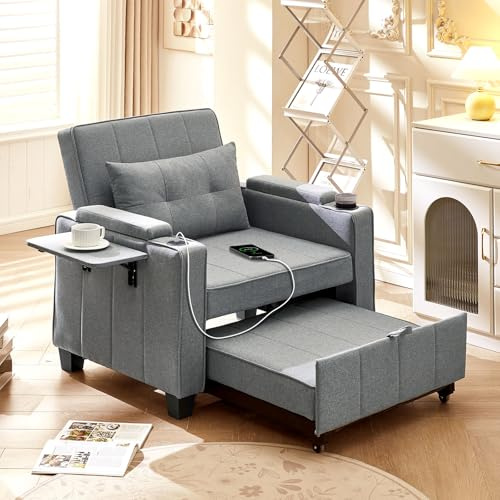 LEMROE Grey Single Sofa Bed 3 in 1, Convertible Sleeper with USB and Arms | 3-Position Adjustable Backrest, Side Pockets & Lift-Top Armrest, Armchair with Foldable Tray for Living Room Bedroom Lounge