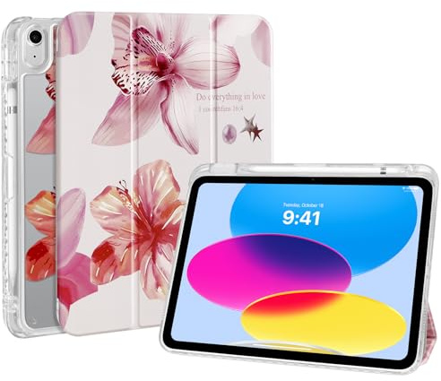 Fycyko Hülle für iPad Air 11-Zoll M4/M3/M2 (2026/2025/2024),iPad Air 4./5. Generation 2022/2020 Klare Durchsichtig Rückseite mit Stifthalter, Hibiskus Lilien Blume Ästhetisches Rosa