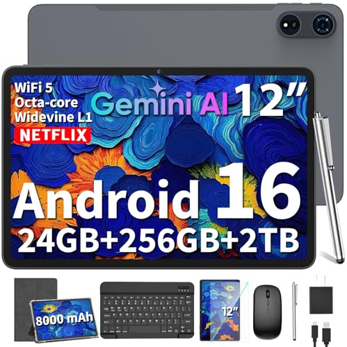 2026 12 Inch Large Tablet, Android 16 Tablet with Keyboard, 24GB+256GB+2TB Expand, Tablets PC with 2K Gemini AI, 8000mAh, Octa-Core, 16+8MP, 2-in-1 Tablets with Case, Mouse, Stylus