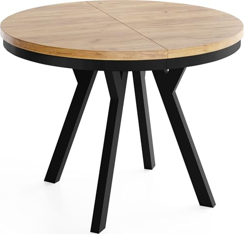 WFL GROUP Runder Ausziehbarer Esstisch im Loft-Stil – Verlängerbarer Tisch mit Schwarzen Holzbeinen & Metallring – Platzsparender Esstisch für Wohnzimmer – Eiche Braun – 90 bis 190 cm