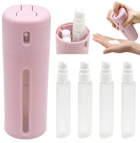 VEGCOO 4 in 1 Travel Bottle Dispenser, Refillable Leakproof Squeeze Bottles with Label, Clear-Window Travel Containers for Toiletries Shampoo, Lotion, Conditioner & Cream (PINK)