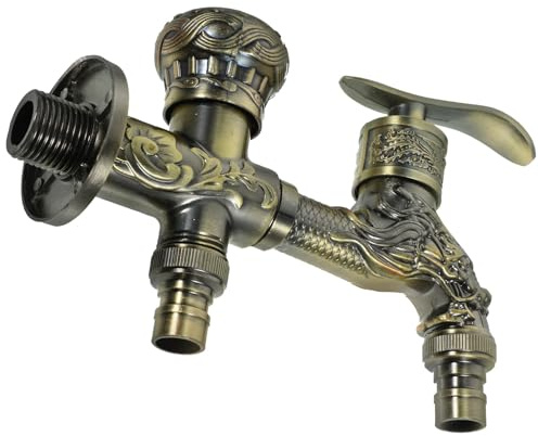 Rubinetto Vintage in Lega di Zinco, Doppia Uscita per Lavanderia | Lavatoio e Lavatrice, Montaggio a Parete, Colore Oro, Adatto anche Giardino Stile Casuale