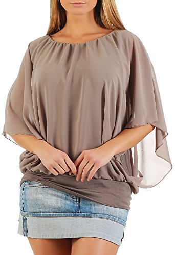 Malito – Damen Bluse in Fledermauslook – Tunika Kurzarm mit bequemen Schnitt – Elegantes Oversize Blusenshirt mit breitem Bund – Shirt Leo-Print & Uni 6296 - (Fango)