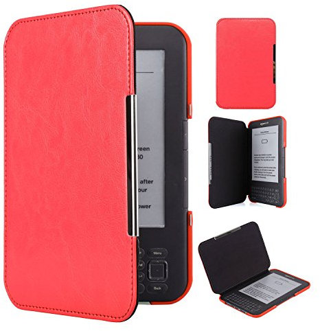 BoiMoe Keyboard PU Leather Case Smartshell Cover Book compatible with Kindle 3rd Generation （2010) with Keyboard & 6 Display Red