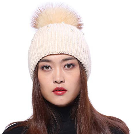 Damen Strickmütze schöne Baskenmütze Winter Mütze Bommelmütze Beanie Waschbär Fell Bommel mit Perle - Beige