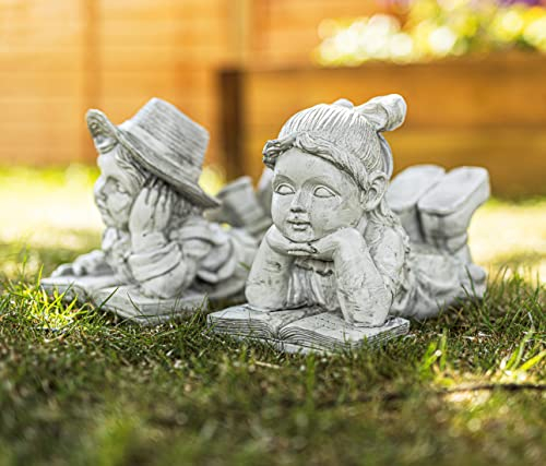 Garden Mile® Set Of 2 Large Stone Effect Resin Children Ornaments Garden Statues Boy & Girl Lawn Sculptures Laying Down Reading Free Standing Hand Crafted Garden Decorations Statues Antique Vintage