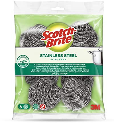 Scotch-Brite Spugna abrasiva a spirale in acciaio inox, confezione da 6 pezzi, ideale per padelle in ghisa, pulizia dura, spugna da cucina, garage, esterni