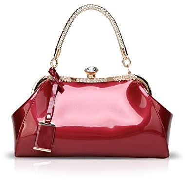 NICOLE & DORIS Handtaschen für Damen Lackleder Handtaschen Abendtasche für Party Hochzeit Schultertasche Weinrot