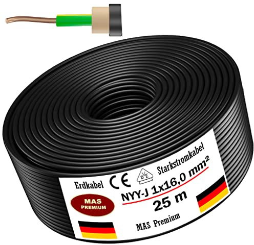 Erdkabel Stromkabel 5, 10, 15, 20, 25, 30, 35, 40, 50, 60, 70, 75, 80, 90 oder 100 m NYY-J 1x16mm² Elektrokabel Ring zur Verlegung im Freien, Erdreich (25m)