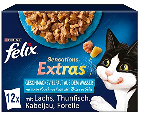 Felix Katzennassfutter Sensations Extras Geschmacksvielfalt aus dem Wasser und einem Hauch von Käse oder Bacon in Gelee, 6.120 kg